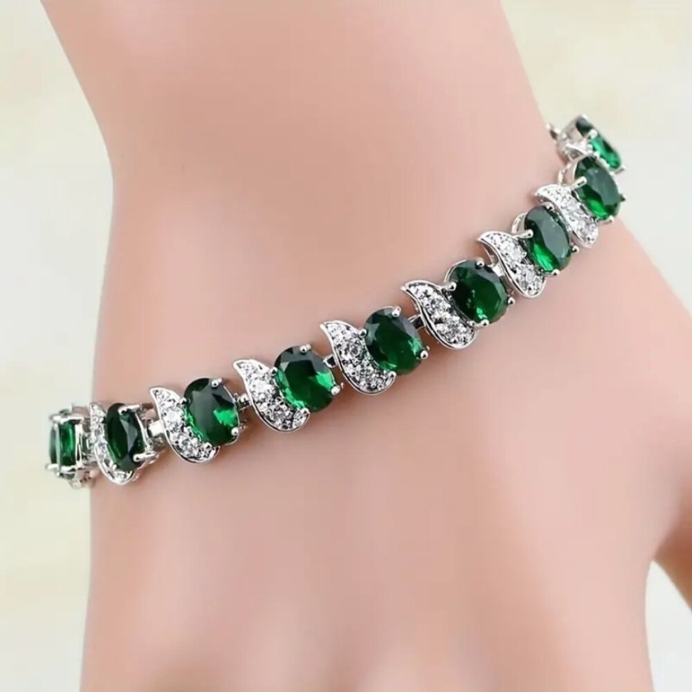 14K White Gold Womens 2ct Green Emerald Gemstone Diamond Tennis Bracelet 7" 8"